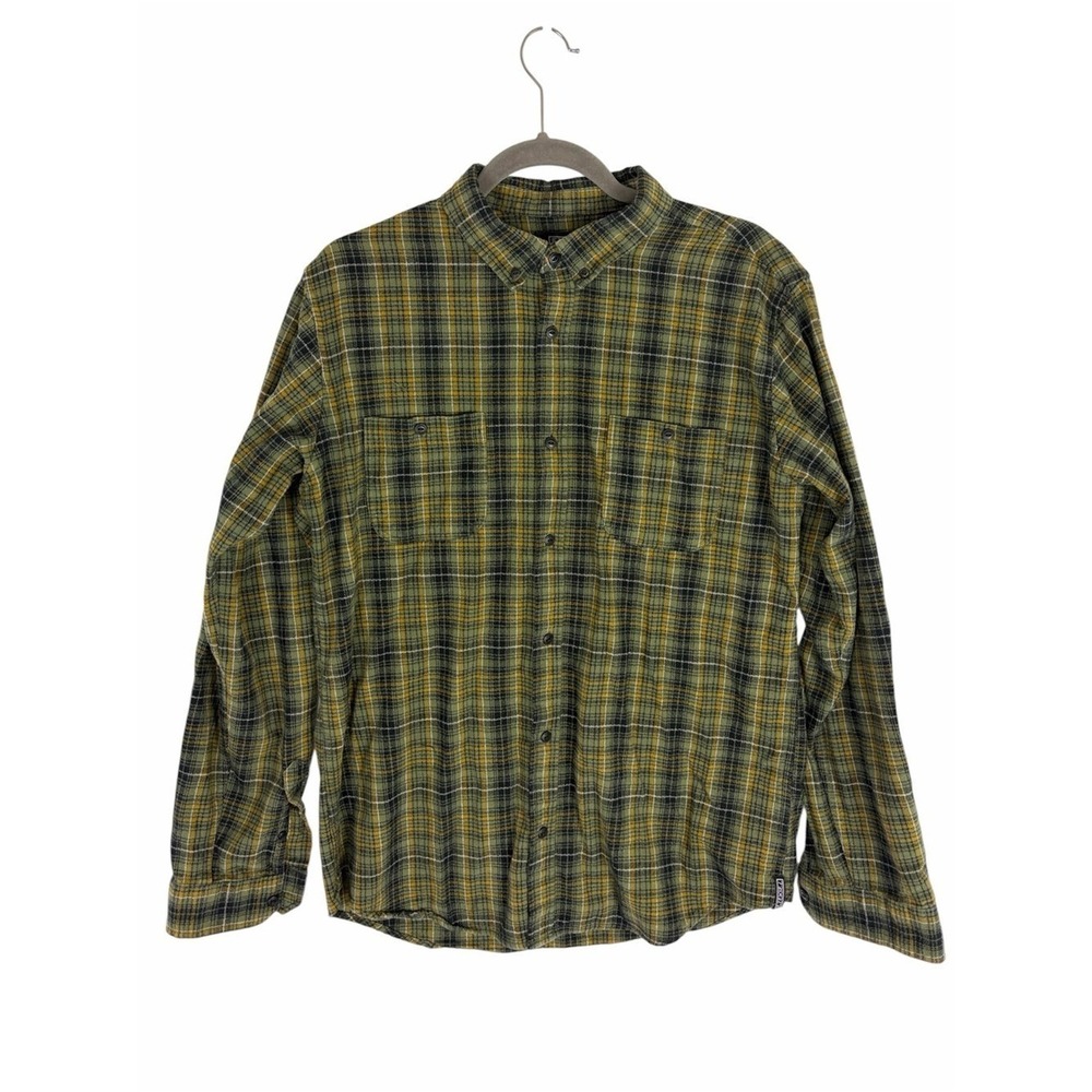 Ezekiel Green Mustard Plaid‎ Flannel Button Down Shirt Men's Large 100% Cotton